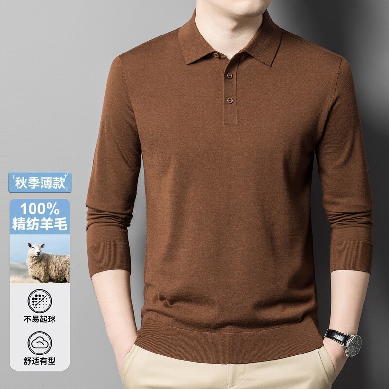 [80 Australian wool] 100 worsted sweater men's thin lapel polo shirt close-fitting base knitted sweater