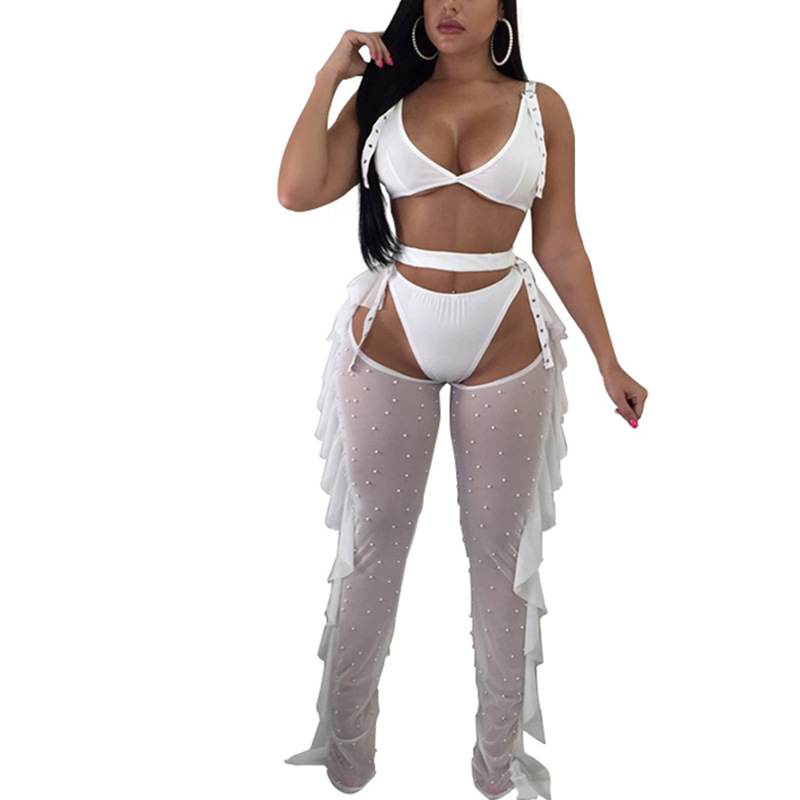 2024 nuevo producto transfronterizo Amazon ropa de mujer europea y americana malla sexy cuentas de malla oreja de madera traje ajustado tiktok