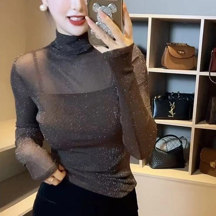 Sequin Mesh Half Turtleneck Bottoming Shirt for Women 2025 Spring & Fall New Style Slim and Stylish Inner Long-Sleeved T-Shirt Top