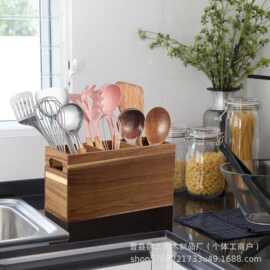 木质分格收纳盒家用厨房餐具收纳整理盒办公桌面多用途实木储物盒
