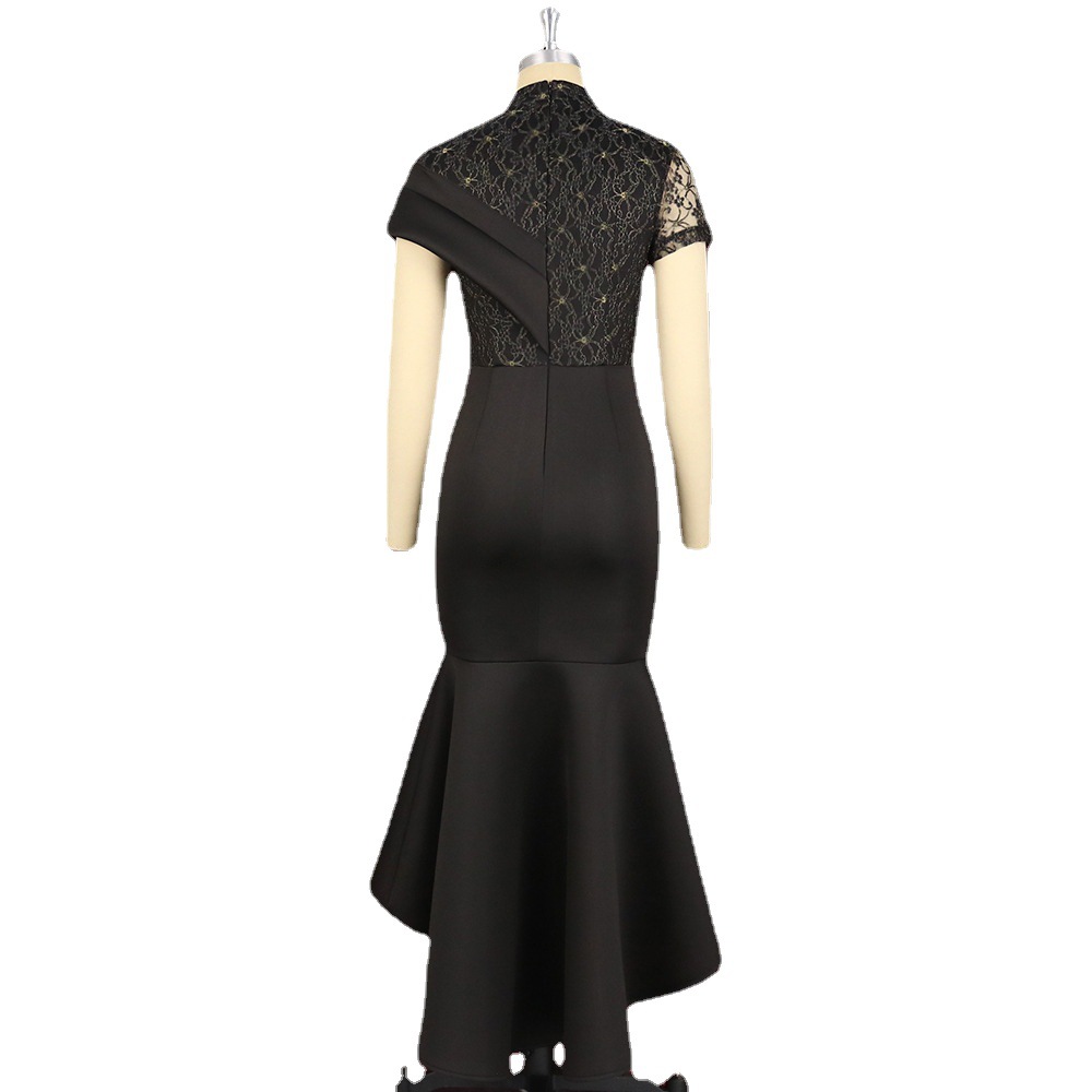 Vêtements pour femmes Col montant Manches courtes Sexy Transparent Taille haute Jupe à volants Robe de soirée Robe grande taille pour femmes_voghion.com