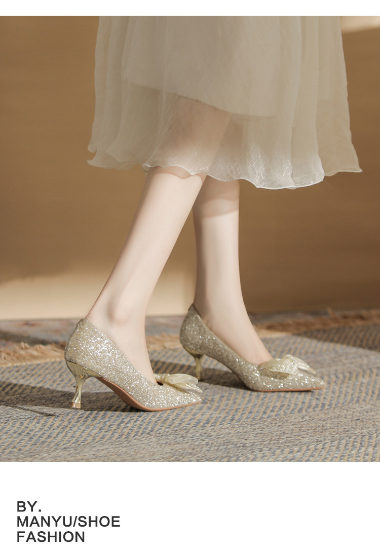 Giày cao gót mũi nhọn miệng nông đính sequin kiểu Pháp — Màu Sâm panh chi tiết 11