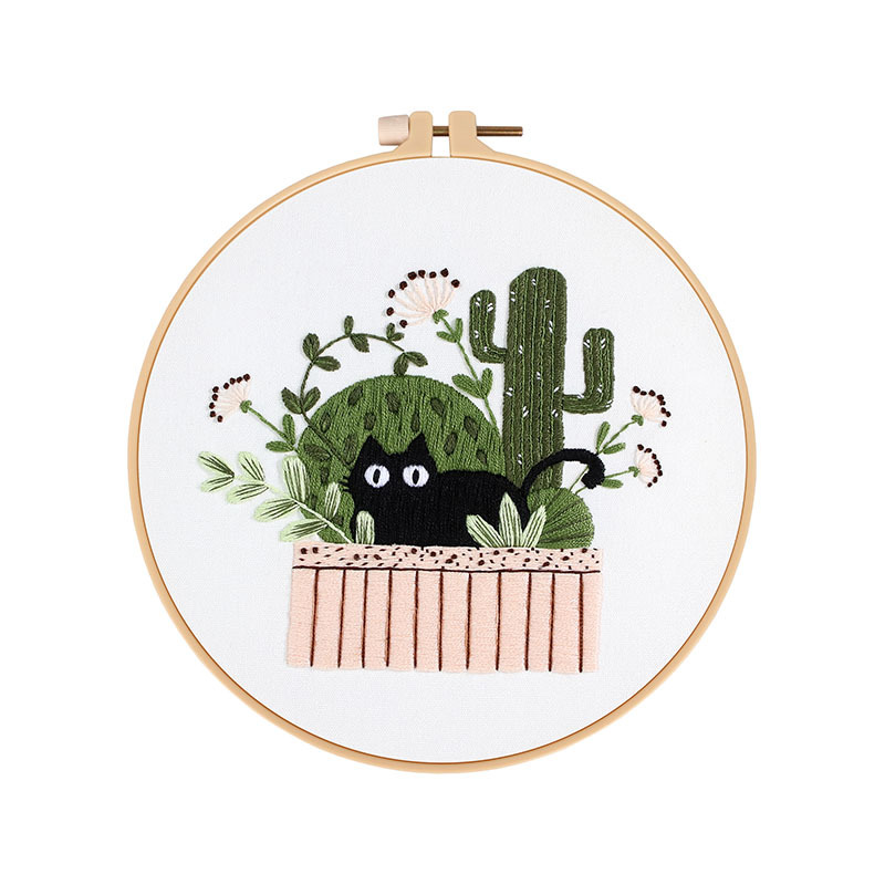 Original nuevo gato de vacaciones bordado hecho a mano material de bricolaje paquete negro gato flor cactus planta verde transfronteriza inglés