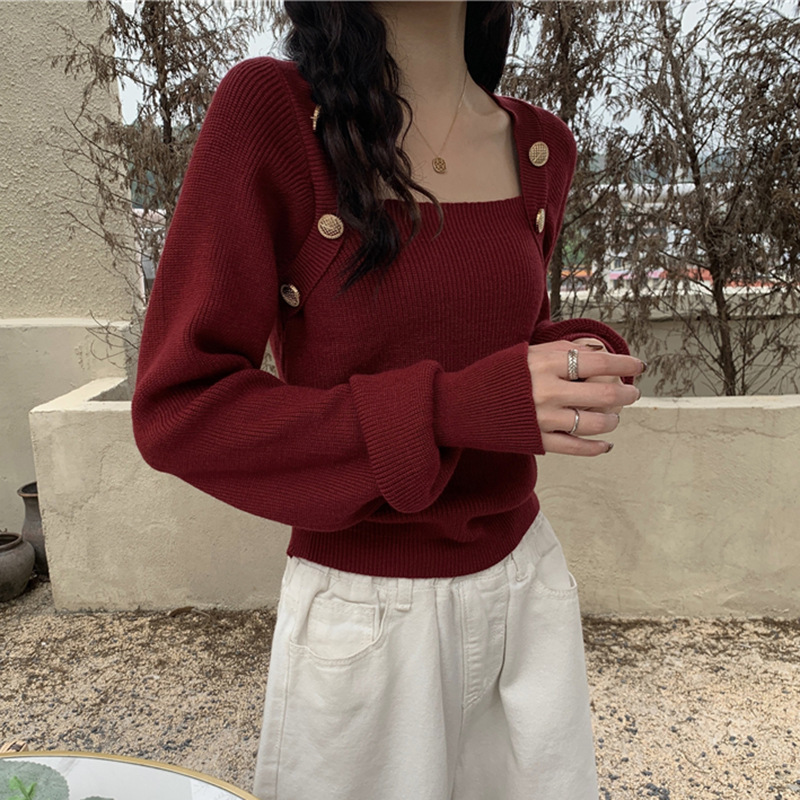 plus size wine red Christmas Square Collar Sweater Women's Autumn and Winter chubby girl Slimming Inner Design Base Sweater Top