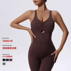 歐美健身連體衣提臀速干緊身蜜桃臀褲無尷尬線訓練美背瑜伽連體服