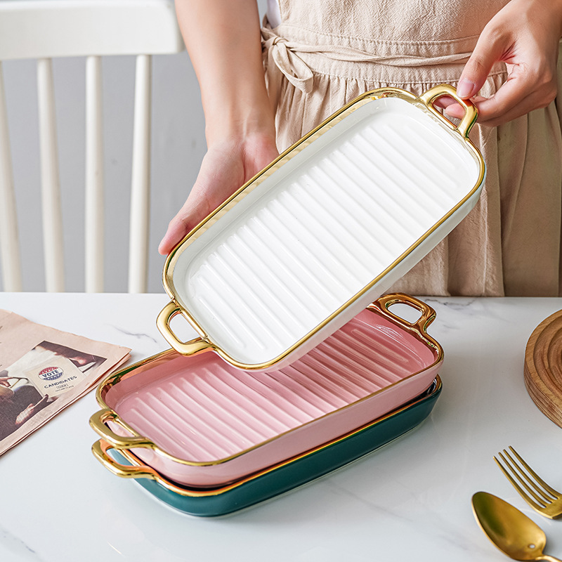 Nórdico INS de doble oreja placa plana rectangular hogar plato de cerámica plato de postre creativo Red rojo plato de pescado sushi plato largo