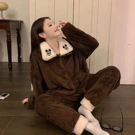 睡衣女秋冬款加厚保暖珊瑚绒2024娃娃领甜美风卡通老鼠家居服套装