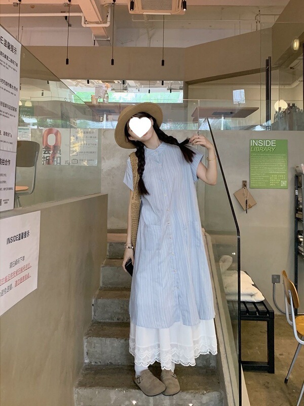 蓝色条纹短袖衬衫连衣裙女夏季2025新款韩系宽松中长款叠穿两件套|undefined