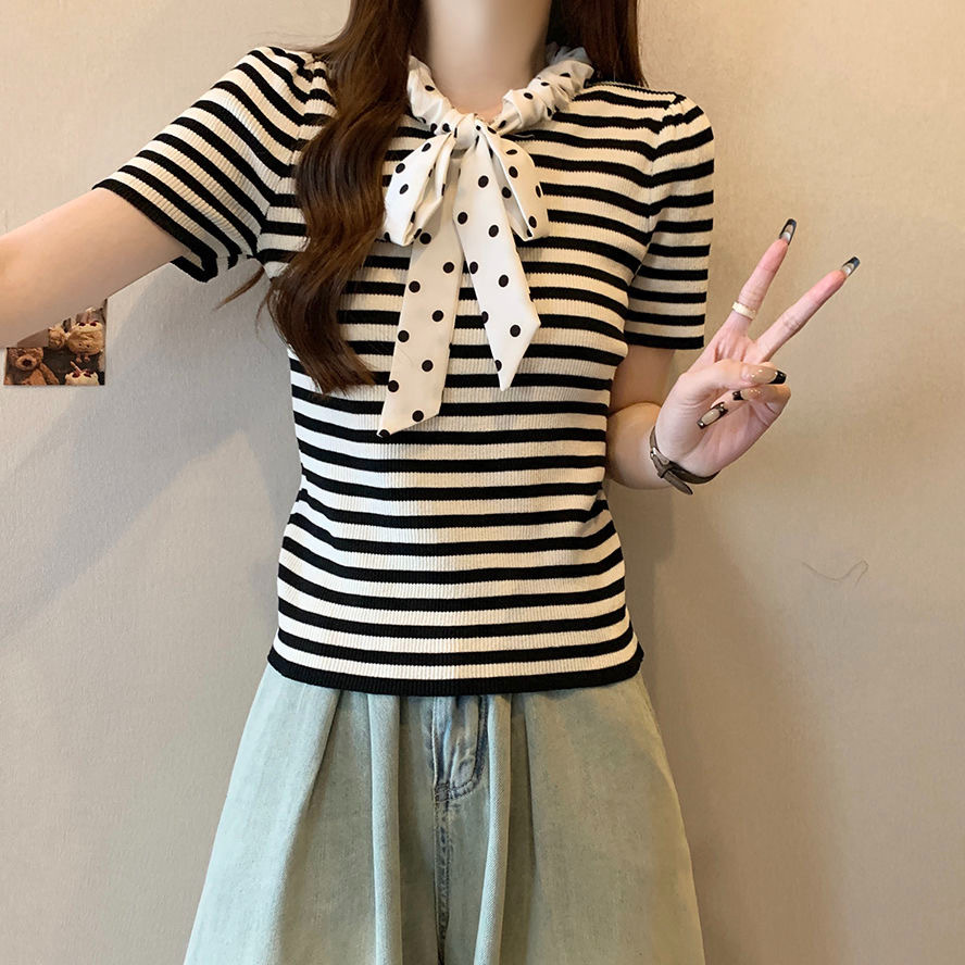2024 neuer Sommer süßer Polka Dot-Pullover mit Kordelzug, kurzärmeliges Eisseide-Bauchbedeckung, kleines duftendes Streifenoberteil für_voghion.com
