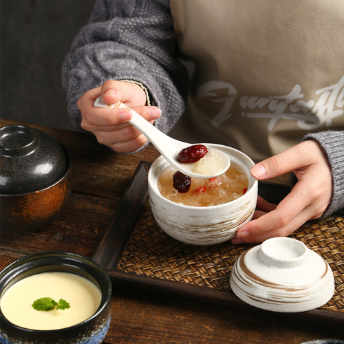 Japanese ceramic stew cup with lid bowl, dessert steamed egg pot, home restaurant stew soup bowl, health-proof water-proof bird's nest cup wholesale