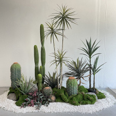 人工観葉植物の景観組み合わせ、サボテン、サイザル麻、ドラゴンブラッドツリー、階段下の空間に盆栽の緑の植物を飾る