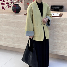双面呢羊毛大衣女大袖口撞色中长款2025秋冬呢子小个子毛呢外套