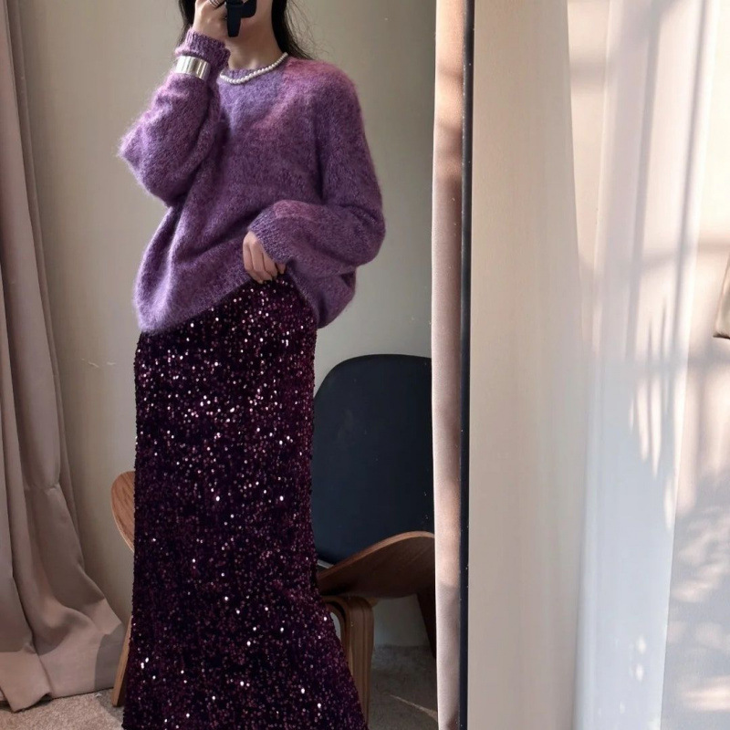 plus size Women's chubby girl Spring New 2025 Fashionable Sequin Dress Slimming High Waist Hip Covering Half Body Fat