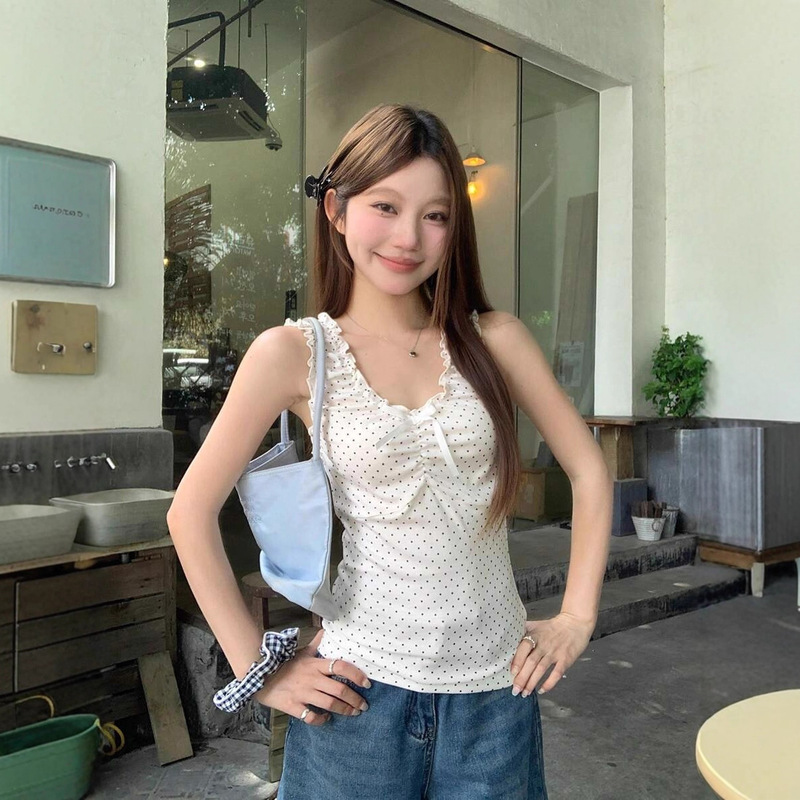 2026 Summer European and American Women's Fashion Fresh and Pure Polka Dot Color-Block Lace Trim Slim Fit Tie Halter Top