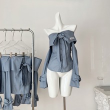 『欣幸』月桂夜韩系衬衫蝴蝶结一字领露肩收腰辣妹长袖衬衣上衣