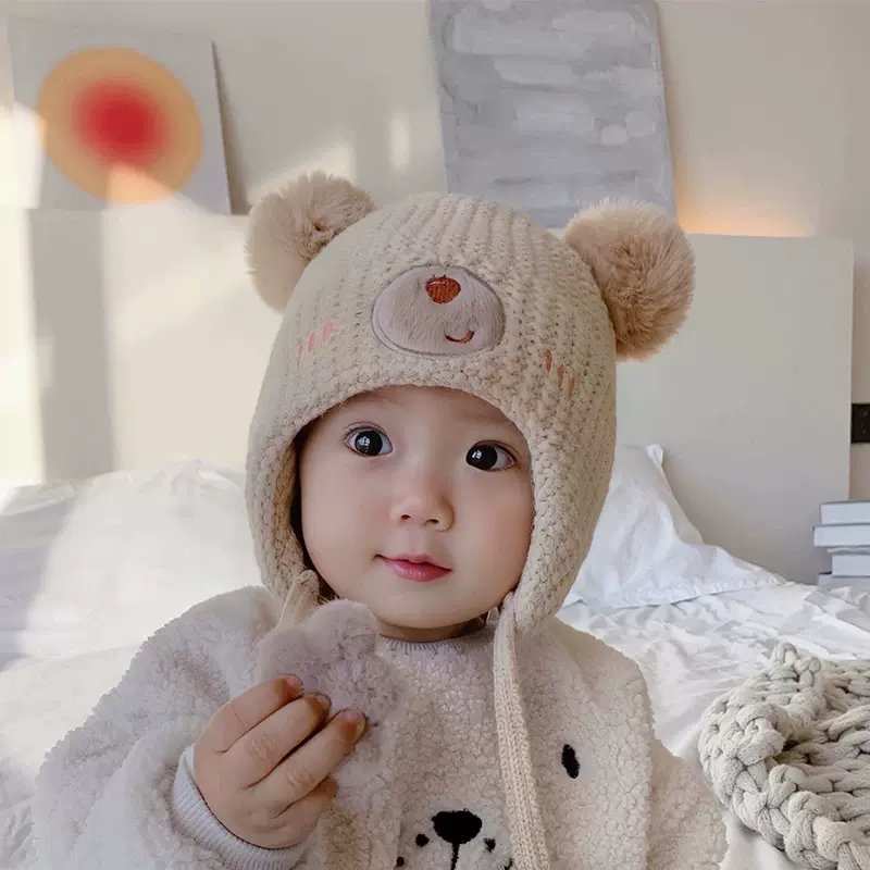 婴儿帽子秋冬纯棉可爱超萌婴幼儿毛线帽男女童冬季保暖宝宝护耳帽