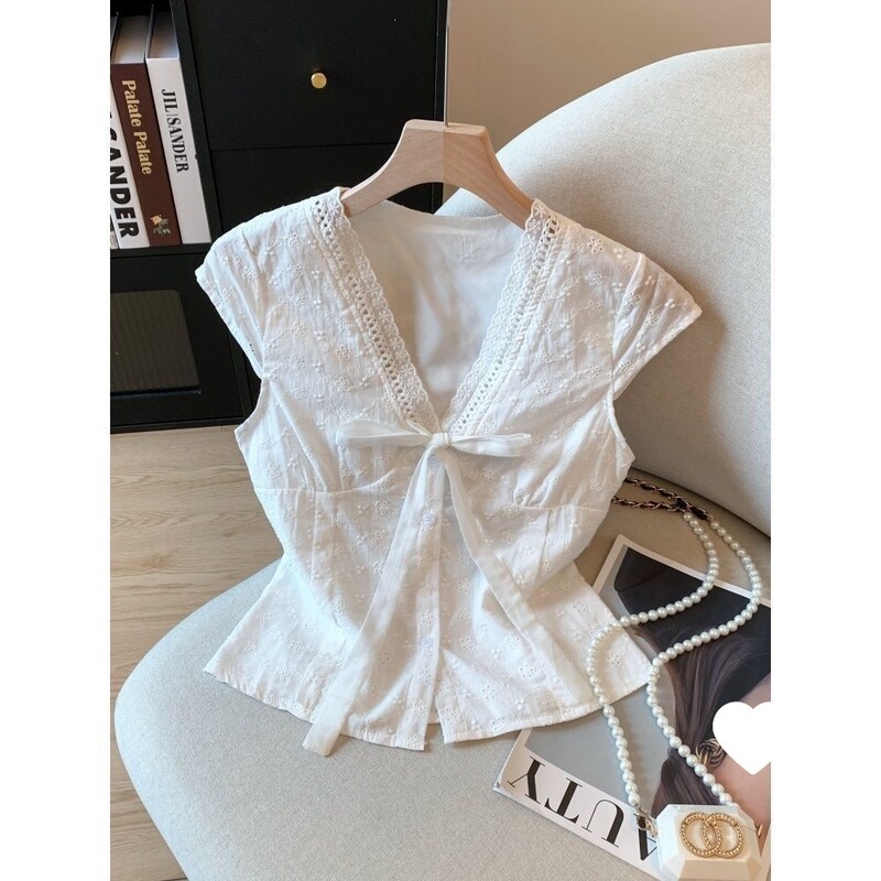 French Lace Embroidered Hollow-Out White Short-Sleeve Shirt for Women, New Summer Style with Elegant Bow and Flutter Sleeves