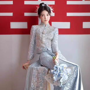 Blue Xiuhe clothing 2024 new bridal Chinese wedding dress summer court clothing Malay gown slimming dragon and phoenix gown