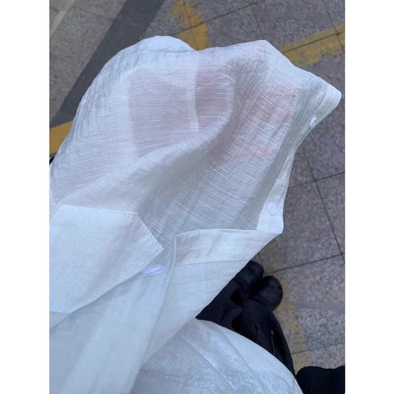 [원래 품질] 흰색 긴 소매 셔츠 여성 한국식 마이크로 투명 선 스크린 카디건 오버레이 느슨한 캐주얼 셔츠