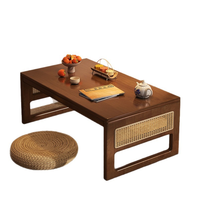 Mesa de té de madera sólida, mesa de té de balcón, mesa de té de nuevo estilo chino de caña, mesa de cang, mesa de tatami para el dormitorio, mesa baja para el hogar.