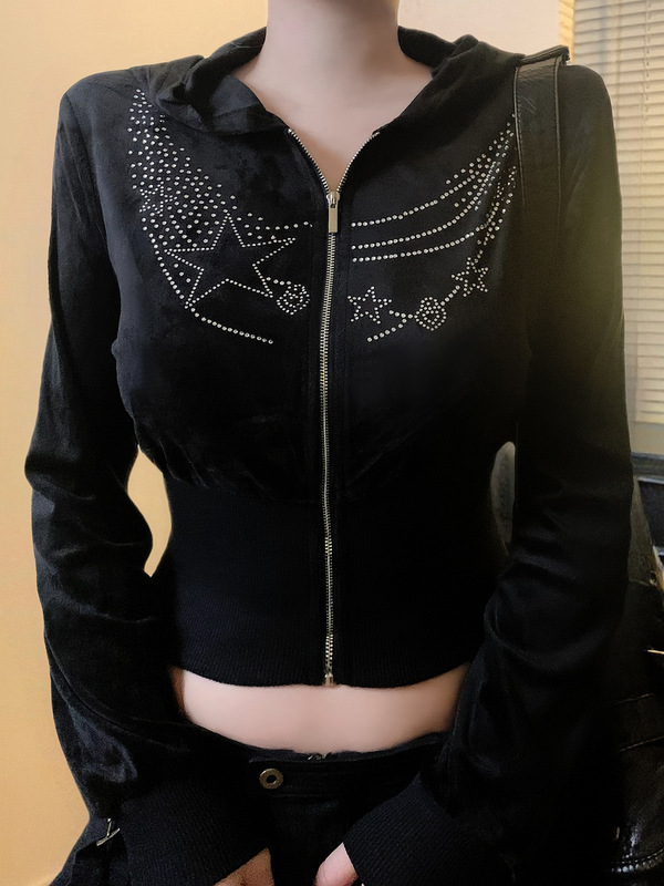 欧美甜美少女风烫钻元素丝绒外套修身显瘦纯色拉链连帽长袖上衣|undefined