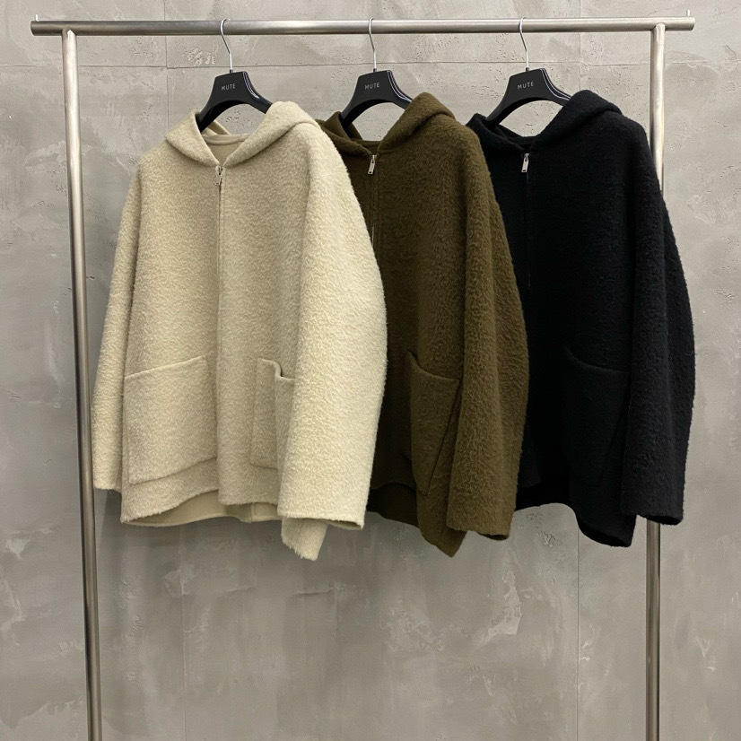 现货韩国东大门代购MUTE冬季新品连帽拉链羊毛羊驼毛大衣
