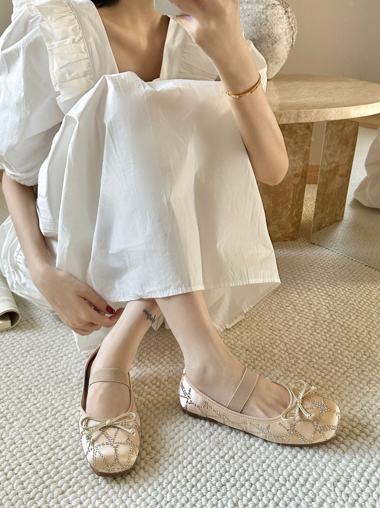 Scarpe Mary Jane in raso con fiocco in stile fata singola, con fondo piatto e fiocco in stile acqua, stagione primavera e autunno 2024_voghion.com