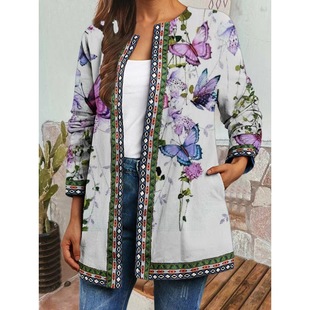9399# Foreign trade cross-border autumn and winter New retro ethnic style printed long-sleeved coat jacket cardigan women's top