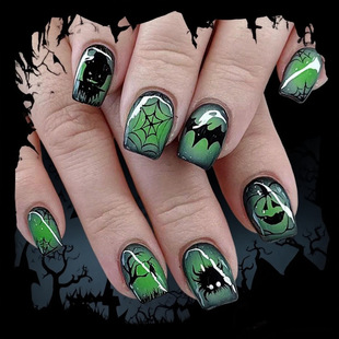Creative Halloween New Emerald Ghost Ghost Face Pumpkin Halloween Elements Cross-Border Small Square Fake Nails Foreign Trade