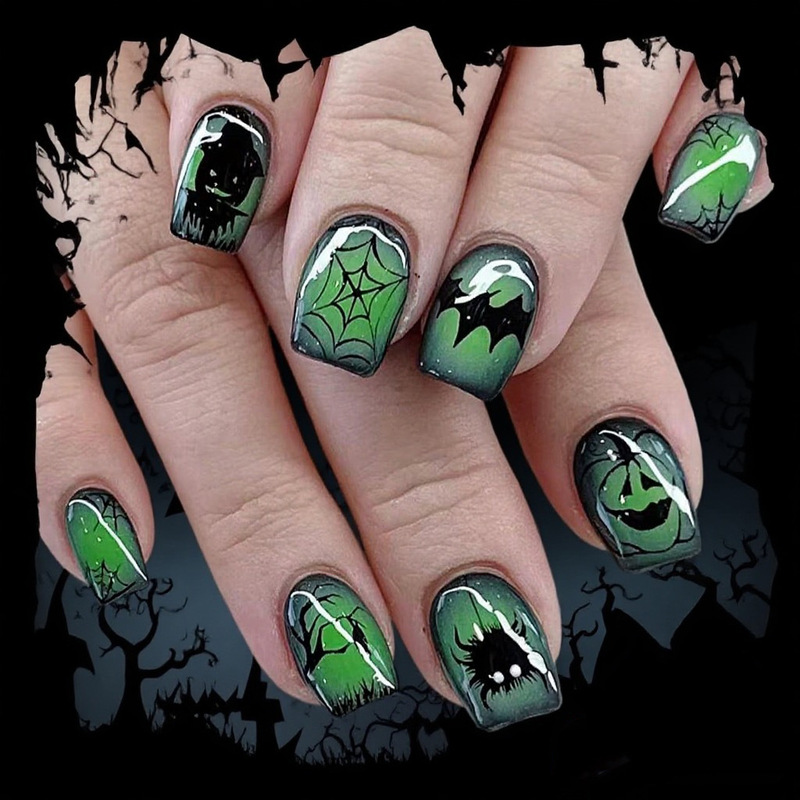 Creative Halloween New Emerald Ghost Ghost Face Pumpkin Halloween Elements Cross-Border Small Square Fake Nails Foreign Trade