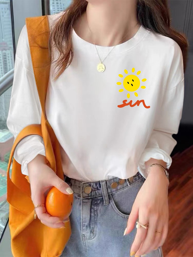 Camiseta de algodón 100% de alta gama, camiseta blanca de manga larga, camiseta de caída de moda de cuello redondo simple, camiseta de estilo homogéneo