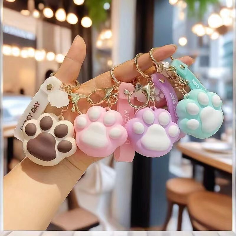 Cute Cat Paw Keychain Macaron Girl's Heart Key Pendant Car Key Chain Backpack Decoration Wholesale Gift