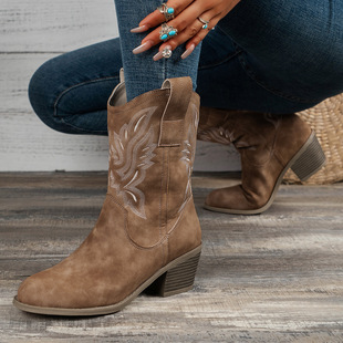 Women's Boots 2025 Autumn and Winter New V-Mouth Embroidered Sleeves Thick Heel Knight Boots Retro Mid-Calf Pointed Toe Western Cowboy Boots