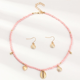 Summer Beach Shell Butterfly Pendant Pink Beaded Necklace Earrings Jewelry Set Japanese and Korean Simple New Wholesale