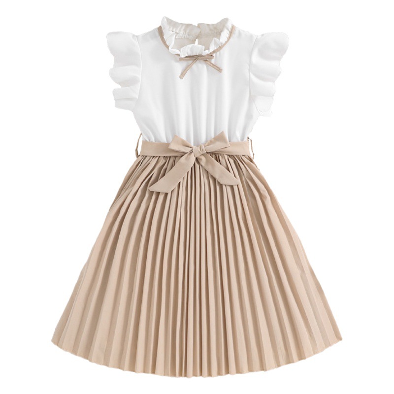Vestidos para niñas, ropa infantil europea y americana, novedad de verano 2026, elegante vestido de princesa para niñas con mangas con volantes, bloques de color y pliegues, venta al por mayor
