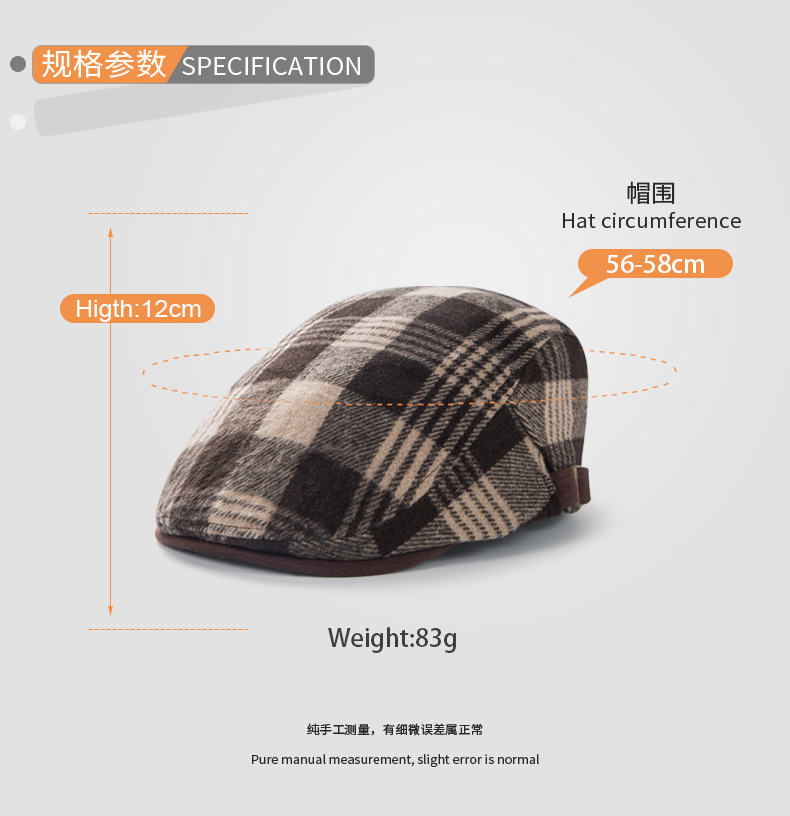 Retro American Peaked Cap Autumn And Winter Woolen Plaid Beret British Fashion Casual Newsboy Hat display picture 3