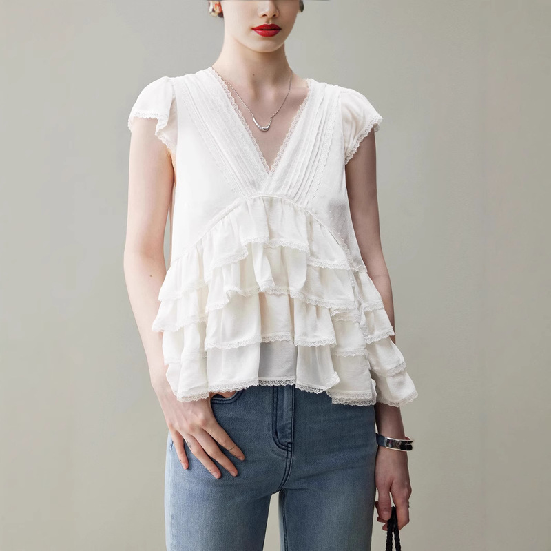 Summer Women's Shirt New French Deep V Neck Lace Splicing Layered Asymmetrical Ruffled Small Flying Sleeve Top for Women