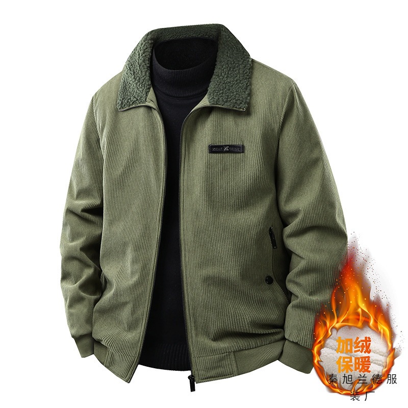 Lamb wool lapel jacket for men, corduroy dad's cotton coat, fleece-lined and thickened workwear cotton jacket, autumn and winter clothing, temperature-regulating