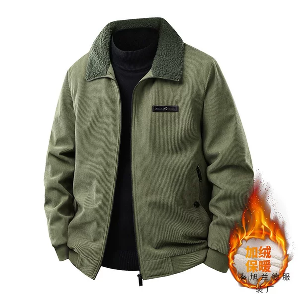 Lamb wool lapel jacket for men, corduroy dad's cotton coat, fleece-lined and thickened workwear cotton jacket, autumn and winter clothing, temperature-regulating