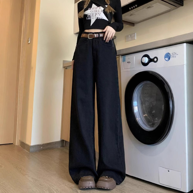 春の新型デザイン感黒レトロなワイドジーンズの女性は腰がゆったりしています。|undefined
