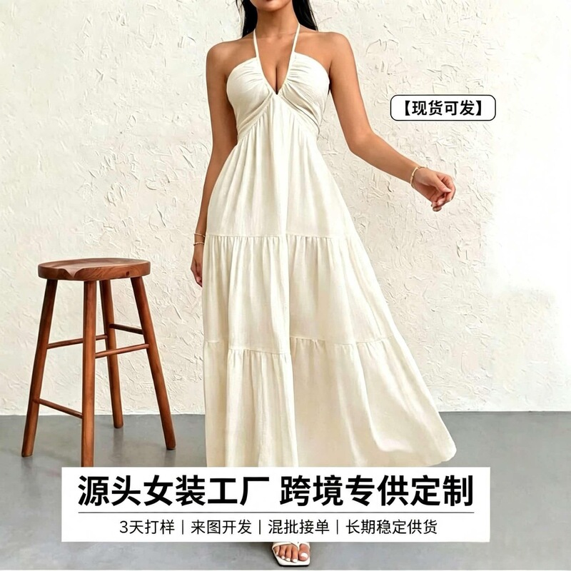 2026 Summer Tk Cross-Border Women's A-Line Dress Deep V Low-Cut Vacation Party V-Neck Low-Cut Sexy Spaghetti Strap Dress