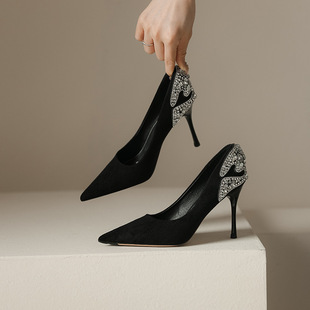 868-76 Internet Celebrity Rhinestone Lady Style Women's High Heels 2022 New Pointed Toe Shallow Mouth Stiletto Heels 9cm Flats for Women