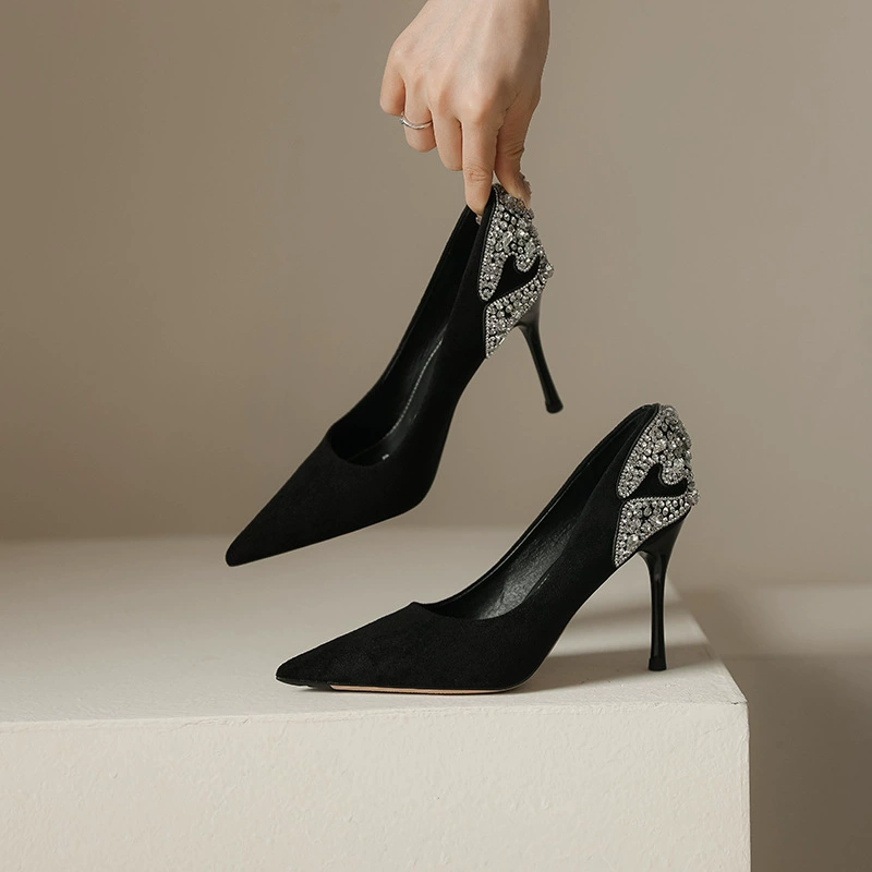 868-76 Чистые красные стразы женские туфли на высоком каблуке в светском стиле 2022 Новые туфли на мелком каблуке 9 см для женщин