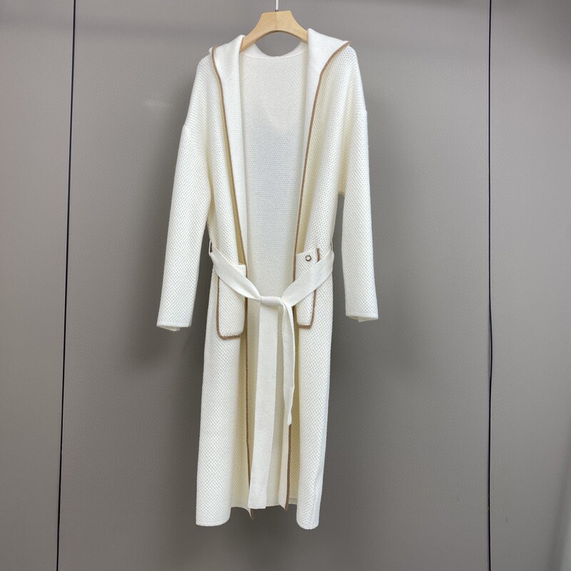 Nanyou Penny 2024 Autumn and Winter New Hooded Contrast Color All-match Belt Long Sleeve Cashmere Knitted Mid-length Cardigan for Women