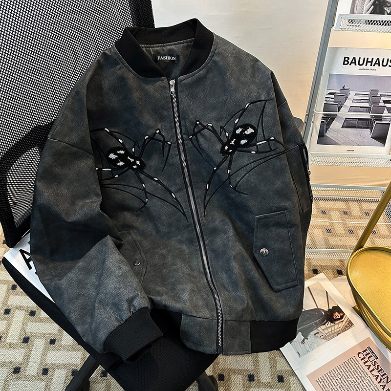 American Style Spring and Autumn Spider Embroidery Pu Leather Jacket for Men and Women, Zipper Casual Loose Versatile Street Baseball Jacket American Style Spring and Autumn Spider Embroidery Pu Leather Jacket for Men and Women, Zipper Casual Loose Versatile Street Baseball Jacket