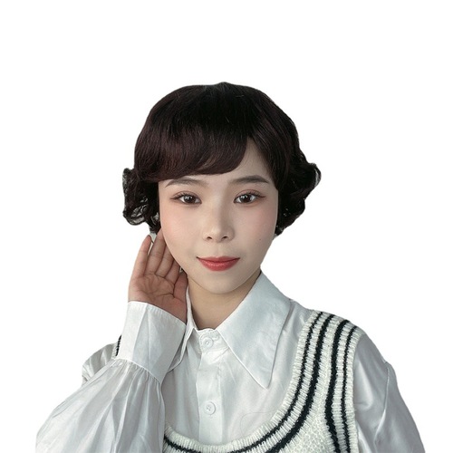 Wig for women with short hair, middle-aged and elderly breathable headgear, simulated head oblique bangs, fashionable lady mother's short curly hair