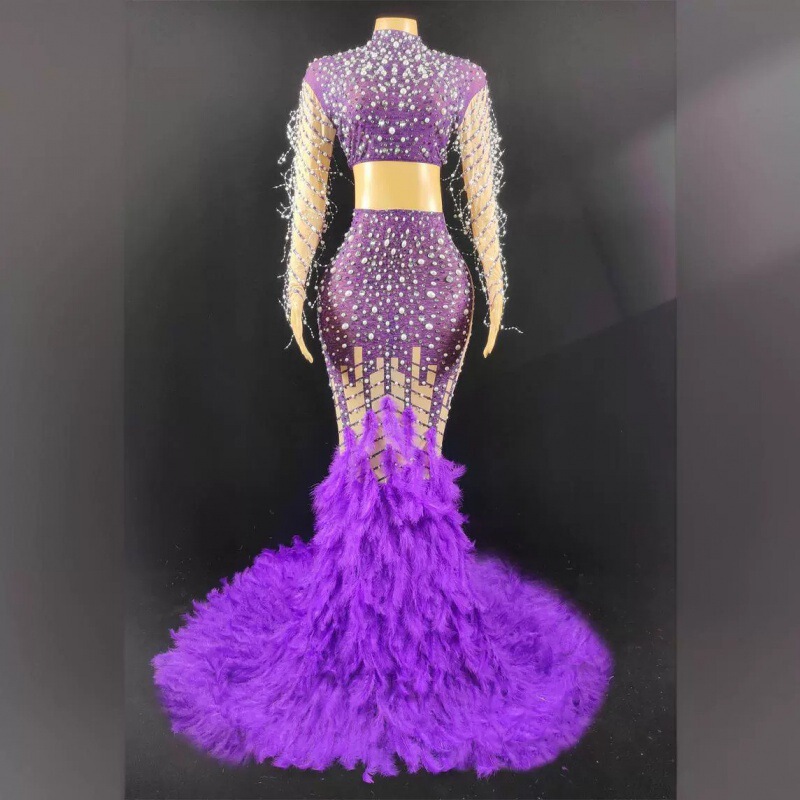 Birthday Clothing Sexy Pearl Long Skirt Holiday Party Evening Host Evening Dress Split Long Tail Feather Skirt Performance Birthday Clothing Sexy Pearl Long Skirt Holiday Party Evening Host Evening Dress Split Long Tail Feather Skirt Performance
