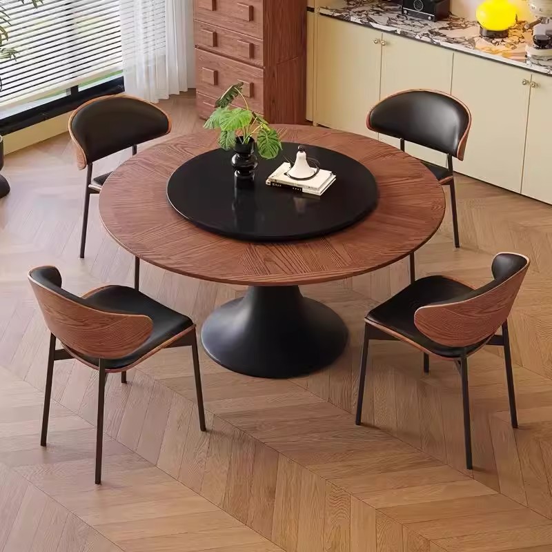 Mesa de comedor redonda retrógrada francesa 2024 nuevo estilo de madera maciza estilo americano estilo medieval negro de alta calidad