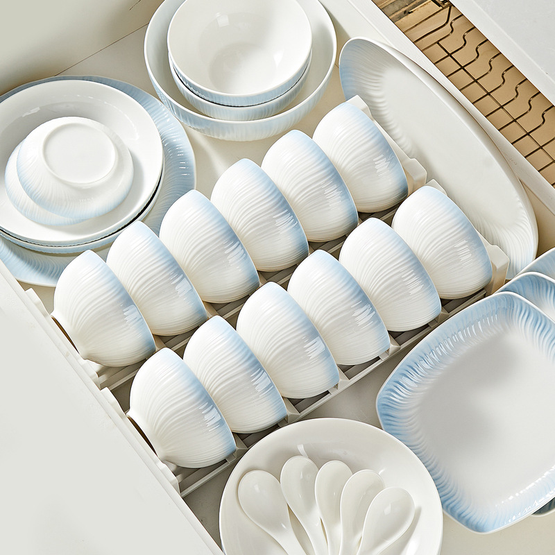 High-Quality Gradient Blue Underglaze Simple Household Ceramic Bowls, Chopsticks, Plates, 2026 New Model Rice Bowl and Plate Tableware Set