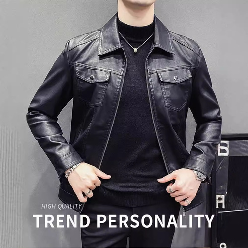 Autumn/Winter New Men's Fleece-Lined Casual Leather Jacket, Men's Motorcyclist Coat, Fitted Korean Style Collar Men's PU Leather Jacket